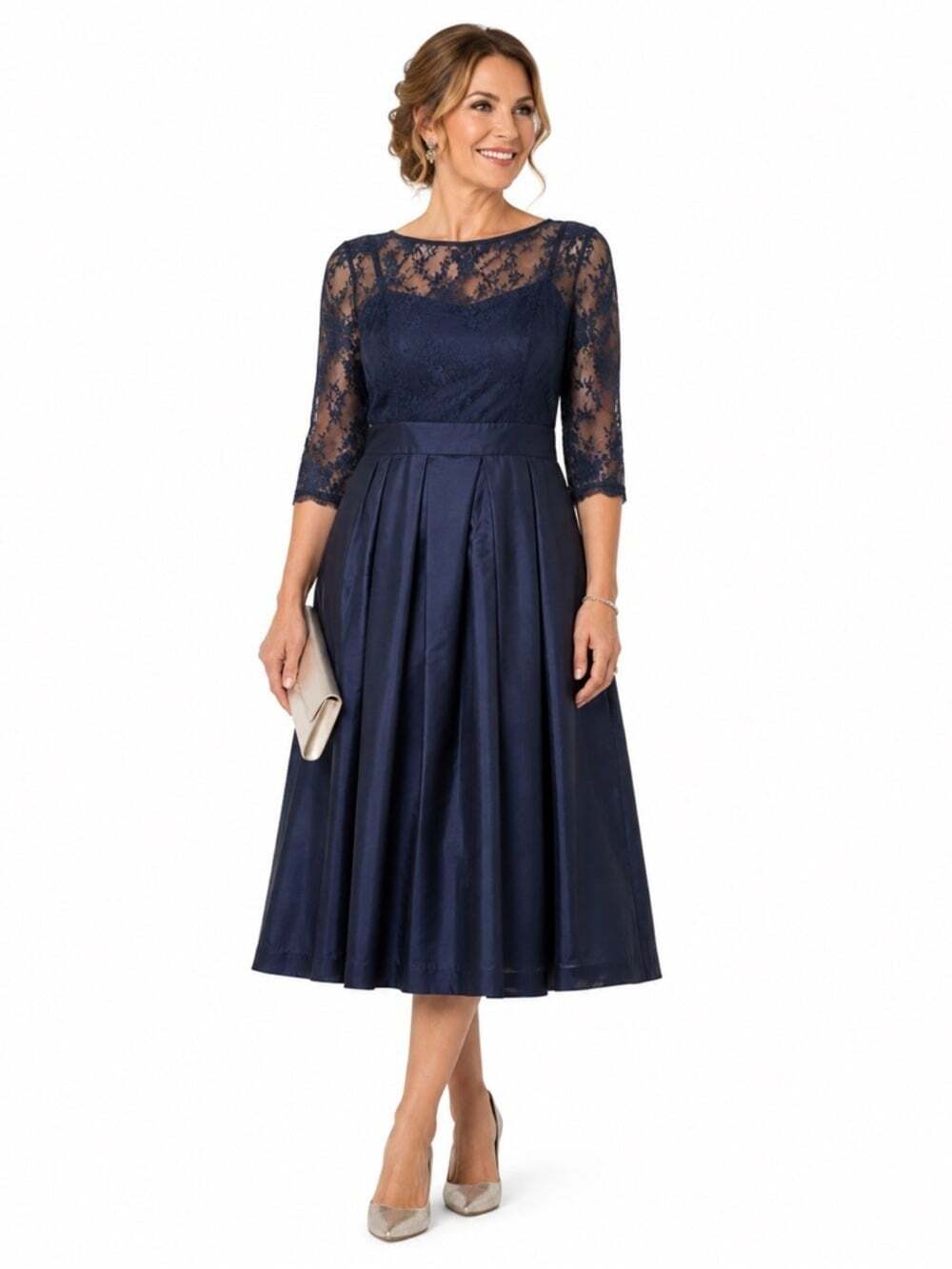 Jessica Howard Blue Lace Dress Size 14 Formal Pleated Lined Lace Long Sleeve
